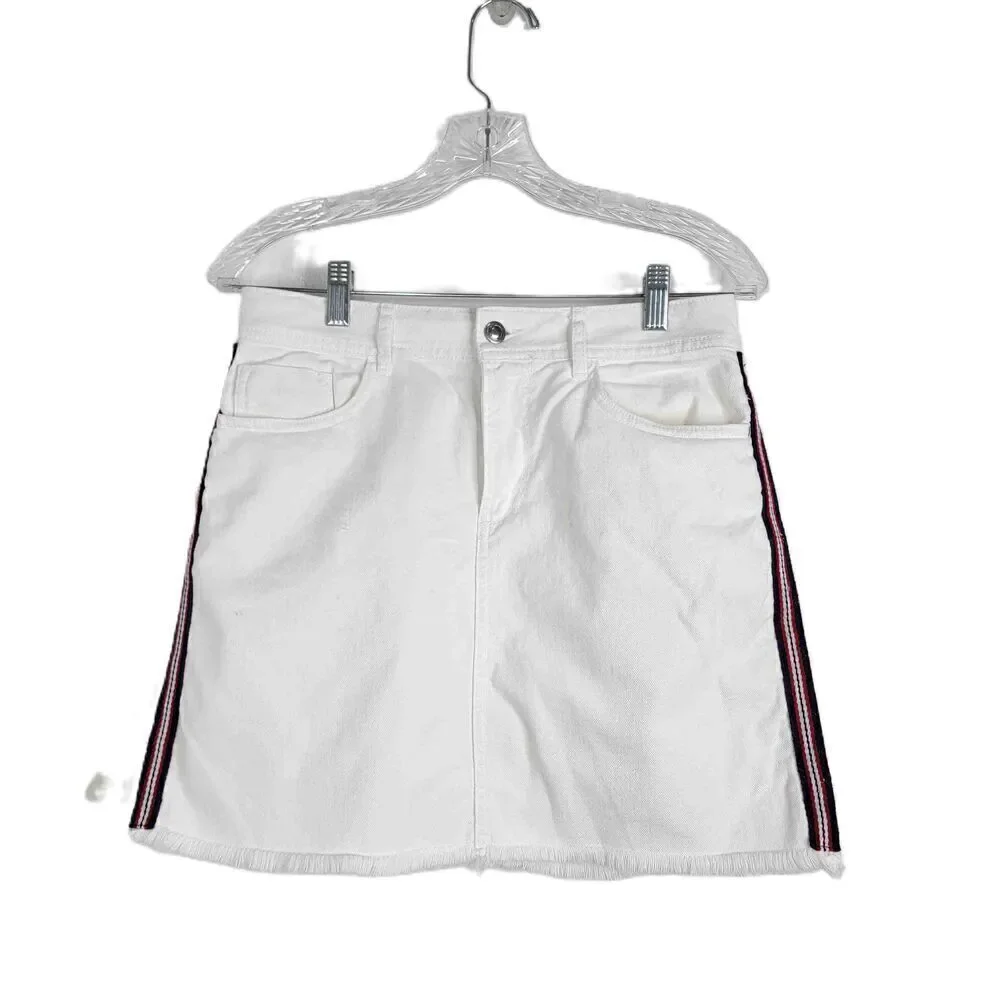 Zara Basic White Denim Mini Skirt Side Stripes Front Pockets Belt Loops Large